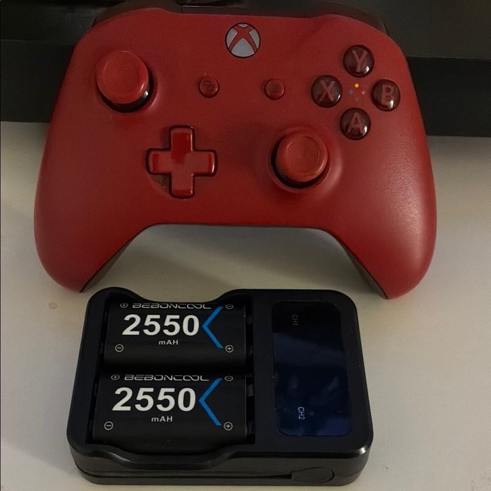 Xbox Microsoft Red Wireless Controller Bundle w/ 2 battery pack and charger kit
